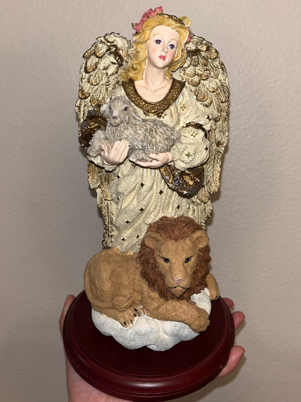 Cream and Gold Angel Sculpture with Lamb and Lion - Decorative Home Art